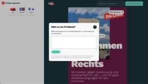A screenshot of the interface of Lissi Express Layout generator. The background shows a poster with a Die Linke logo and some text elements, which can apparently be edited. There is a modal in the foreground with the headline 